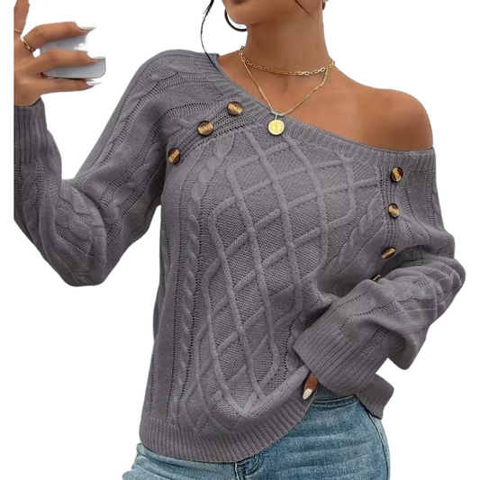 The Cozy Chic Cable Knit – Square Neck Lantern Sleeve Sweater (Rich Texture & Button Detail)