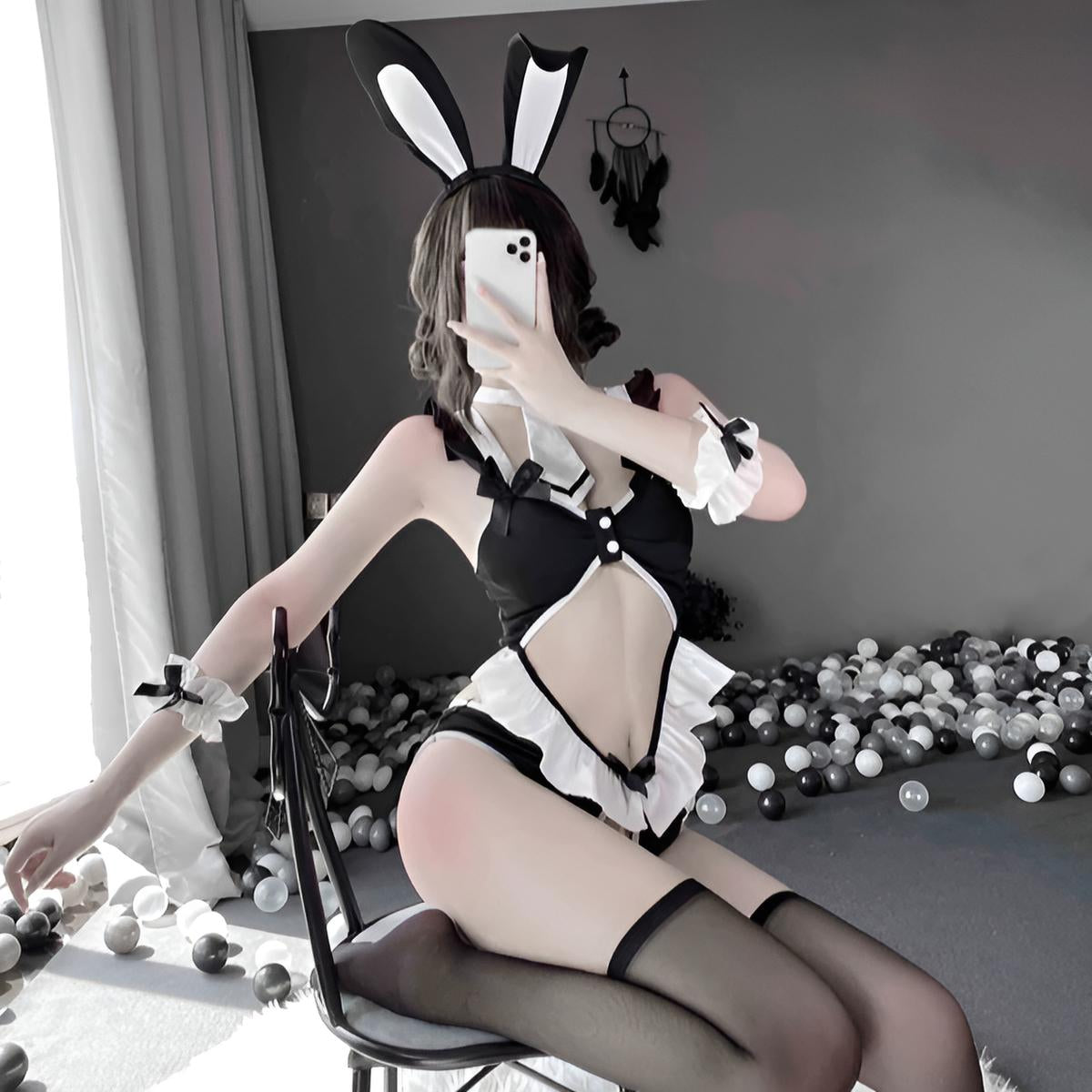 Bunny Lingerie Set – Black & White Ruffle Bodysuit with Bunny Ear Headband