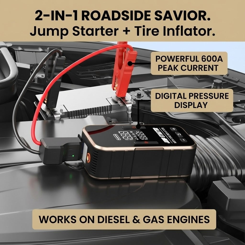 4-in-1 Car Jump Starter & Air Compressor - 8000mAh Portable Battery Booster - 150PSI Digital Tire Inflator (Gas & Diesel)