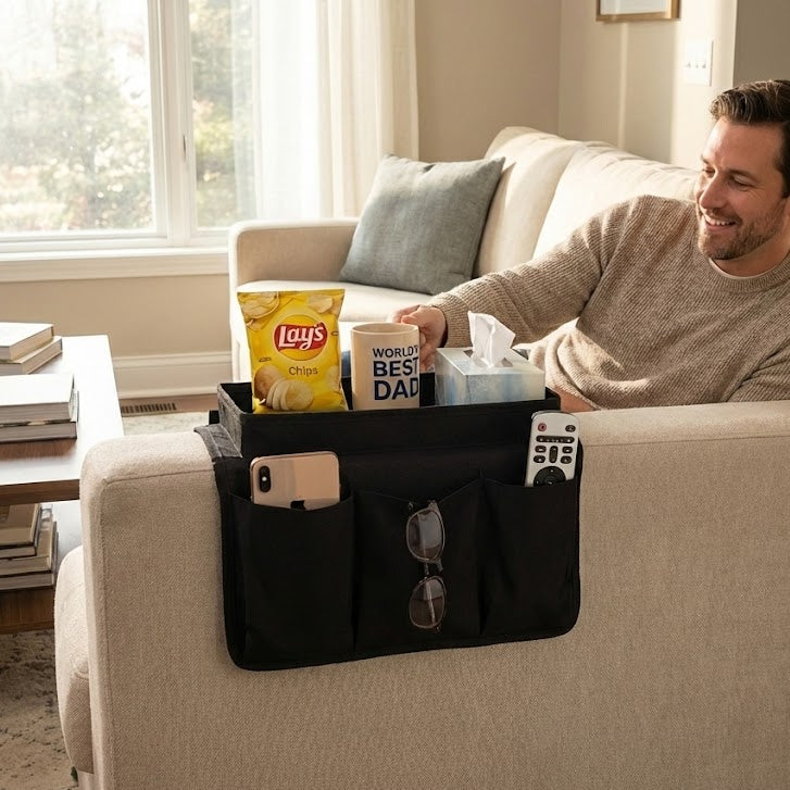Sofa Armrest Organizer with Cup Holder Tray - Couch Caddy with 3 Remote Pockets & Large Tablet Holder (Durable Oxford Cloth)