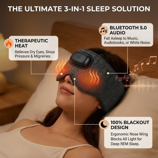 3-in-1 Heated Sleep Mask with Bluetooth Headphones - Wireless Blackout Eye Pad for Migraines, Dry Eyes & Insomnia (3 Heat Levels)