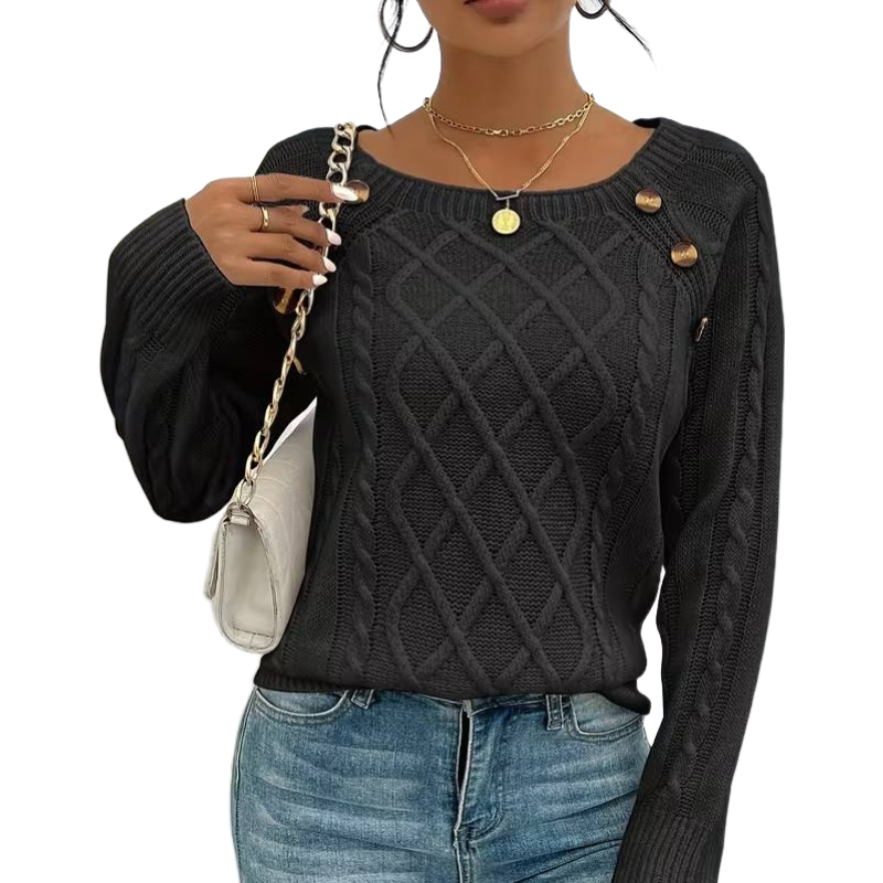 The Cozy Chic Cable Knit – Square Neck Lantern Sleeve Sweater (Rich Texture & Button Detail)