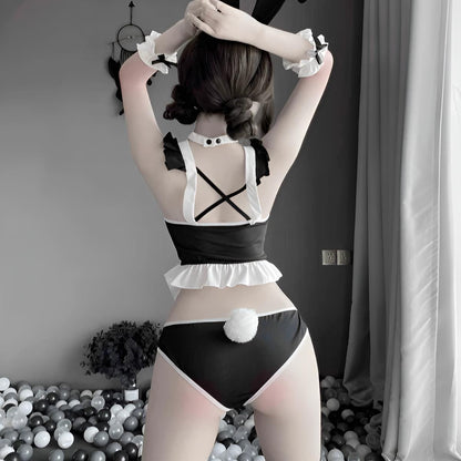Bunny Lingerie Set – Black & White Ruffle Bodysuit with Bunny Ear Headband