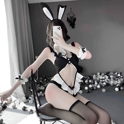 Bunny Lingerie Set – Black & White Ruffle Bodysuit with Bunny Ear Headband