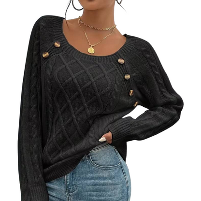 The Cozy Chic Cable Knit – Square Neck Lantern Sleeve Sweater (Rich Texture & Button Detail)