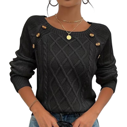 The Cozy Chic Cable Knit – Square Neck Lantern Sleeve Sweater (Rich Texture & Button Detail)