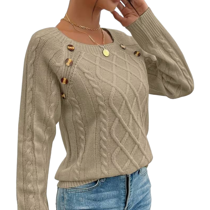 The Cozy Chic Cable Knit – Square Neck Lantern Sleeve Sweater (Rich Texture & Button Detail)