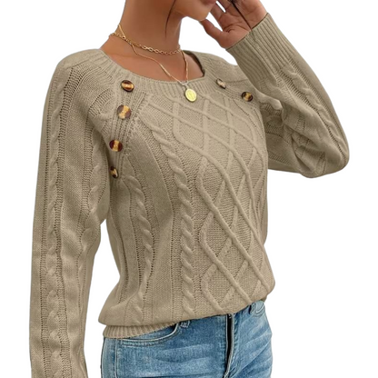 The Cozy Chic Cable Knit – Square Neck Lantern Sleeve Sweater (Rich Texture & Button Detail)