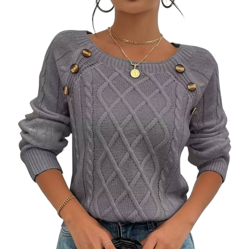 The Cozy Chic Cable Knit – Square Neck Lantern Sleeve Sweater (Rich Texture & Button Detail)