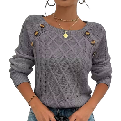 The Cozy Chic Cable Knit – Square Neck Lantern Sleeve Sweater (Rich Texture & Button Detail)