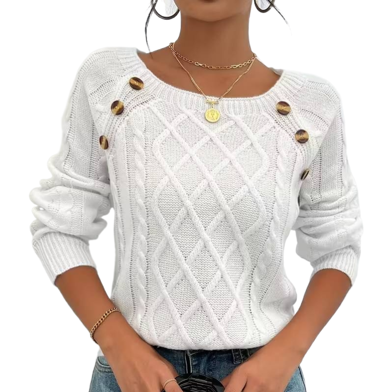 The Cozy Chic Cable Knit – Square Neck Lantern Sleeve Sweater (Rich Texture & Button Detail)