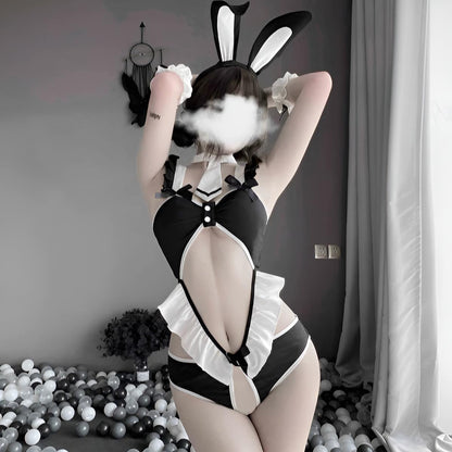 Bunny Lingerie Set – Black & White Ruffle Bodysuit with Bunny Ear Headband
