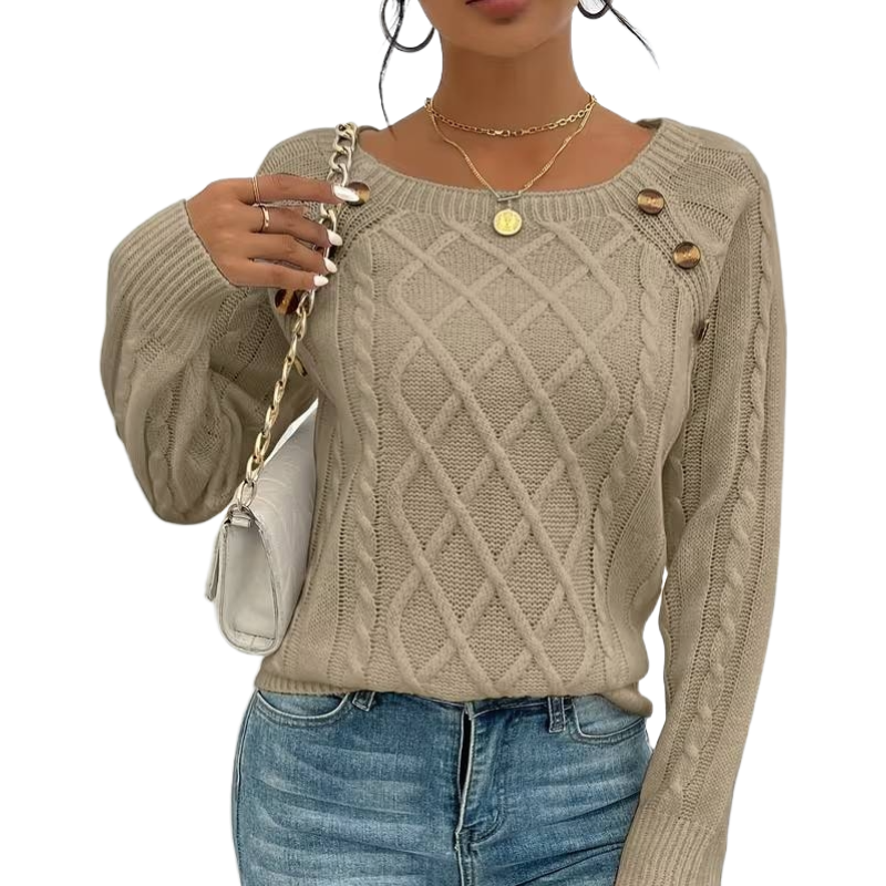 The Cozy Chic Cable Knit – Square Neck Lantern Sleeve Sweater (Rich Texture & Button Detail)
