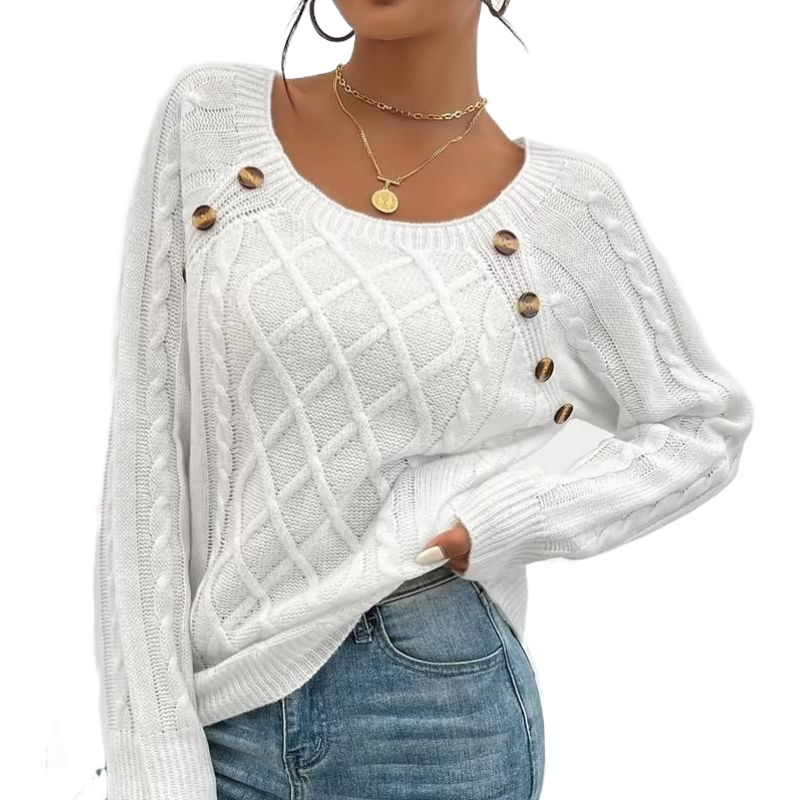 The Cozy Chic Cable Knit – Square Neck Lantern Sleeve Sweater (Rich Texture & Button Detail)