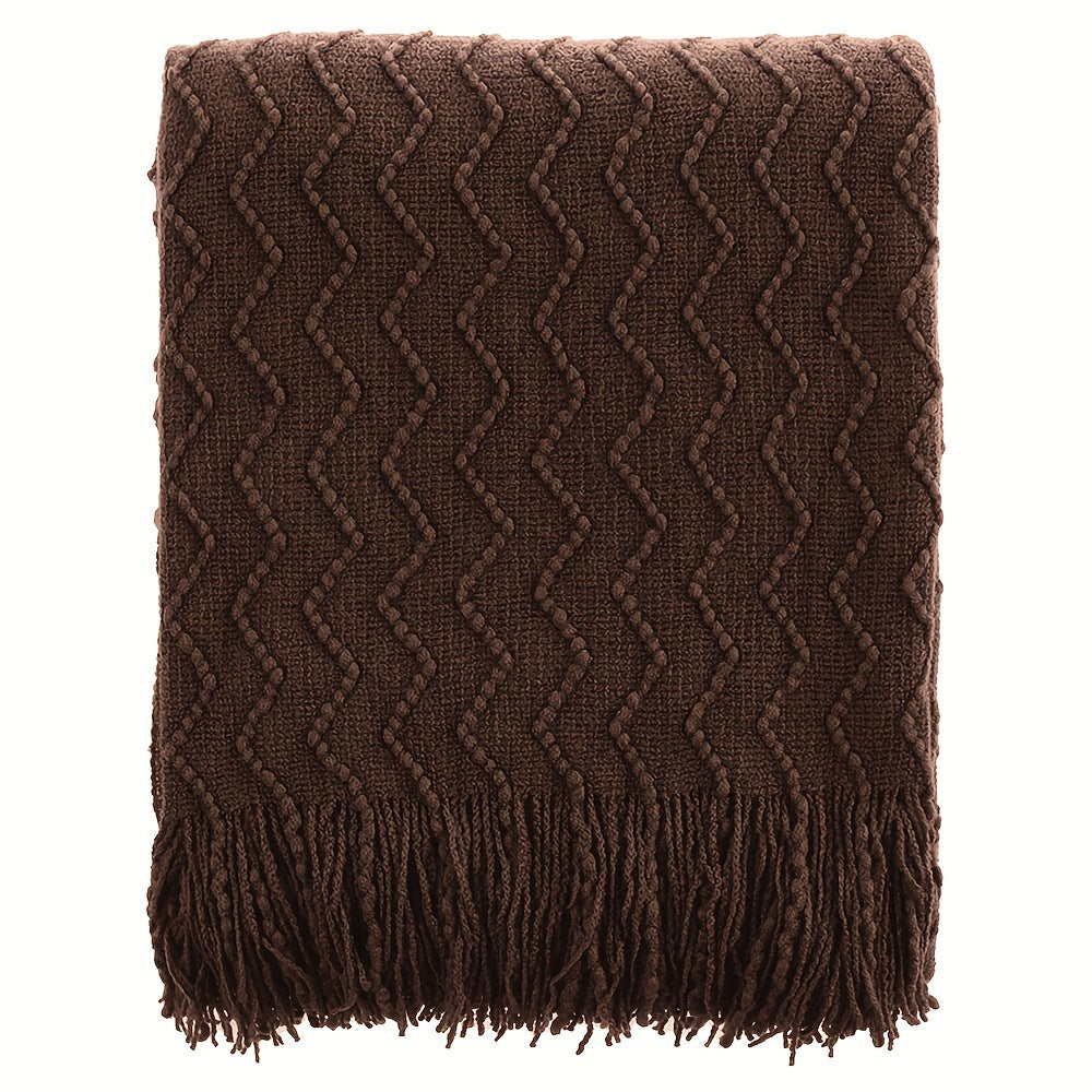 Luxury Wavy Knit Throw Blanket with Tassels - Soft Textured Boho Sofa Cover & Bed Runner (Brown, Green, Black)