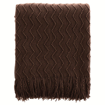 Luxury Wavy Knit Throw Blanket with Tassels - Soft Textured Boho Sofa Cover & Bed Runner (Brown, Green, Black)