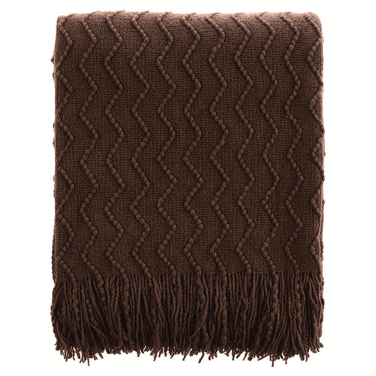 Luxury Wavy Knit Throw Blanket with Tassels - Soft Textured Boho Sofa Cover & Bed Runner (Brown, Green, Black)