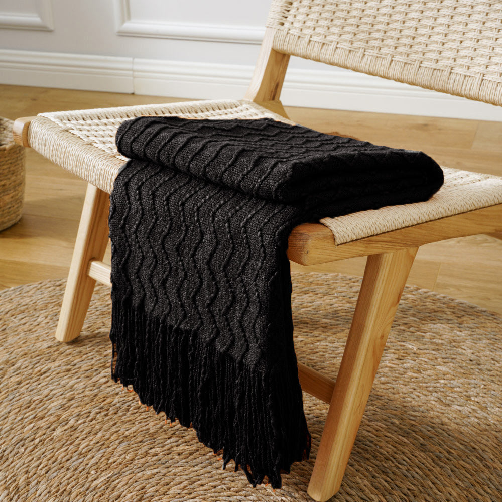 Luxury Wavy Knit Throw Blanket with Tassels - Soft Textured Boho Sofa Cover & Bed Runner (Brown, Green, Black)