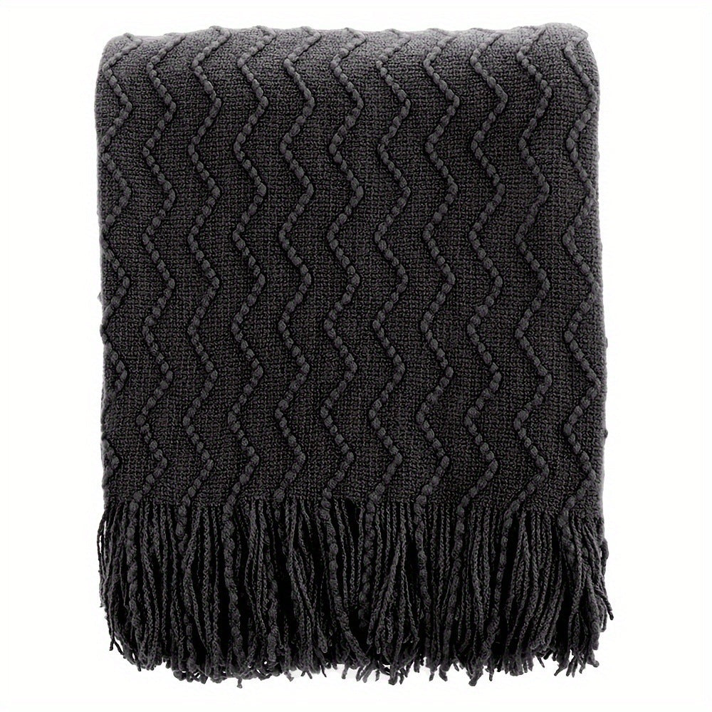 Luxury Wavy Knit Throw Blanket with Tassels - Soft Textured Boho Sofa Cover & Bed Runner (Brown, Green, Black)