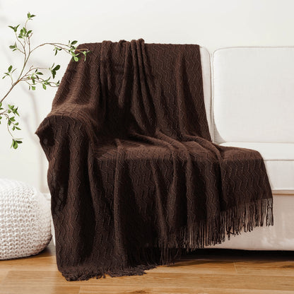 Luxury Wavy Knit Throw Blanket with Tassels - Soft Textured Boho Sofa Cover & Bed Runner (Brown, Green, Black)
