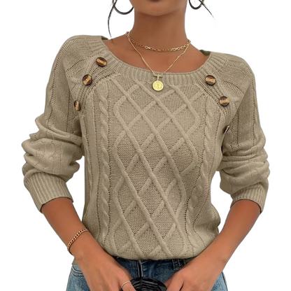 The Cozy Chic Cable Knit – Square Neck Lantern Sleeve Sweater (Rich Texture & Button Detail)