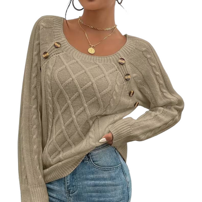 The Cozy Chic Cable Knit – Square Neck Lantern Sleeve Sweater (Rich Texture & Button Detail)