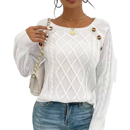 The Cozy Chic Cable Knit – Square Neck Lantern Sleeve Sweater (Rich Texture & Button Detail)