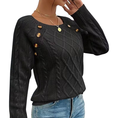 The Cozy Chic Cable Knit – Square Neck Lantern Sleeve Sweater (Rich Texture & Button Detail)