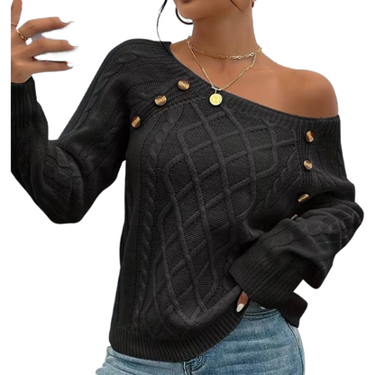 The Cozy Chic Cable Knit – Square Neck Lantern Sleeve Sweater (Rich Texture & Button Detail)