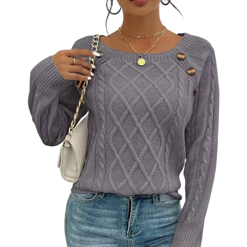 The Cozy Chic Cable Knit – Square Neck Lantern Sleeve Sweater (Rich Texture & Button Detail)
