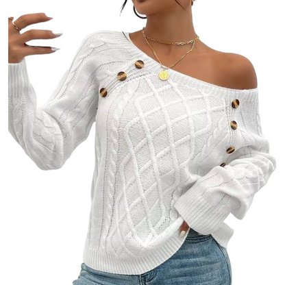 The Cozy Chic Cable Knit – Square Neck Lantern Sleeve Sweater (Rich Texture & Button Detail)