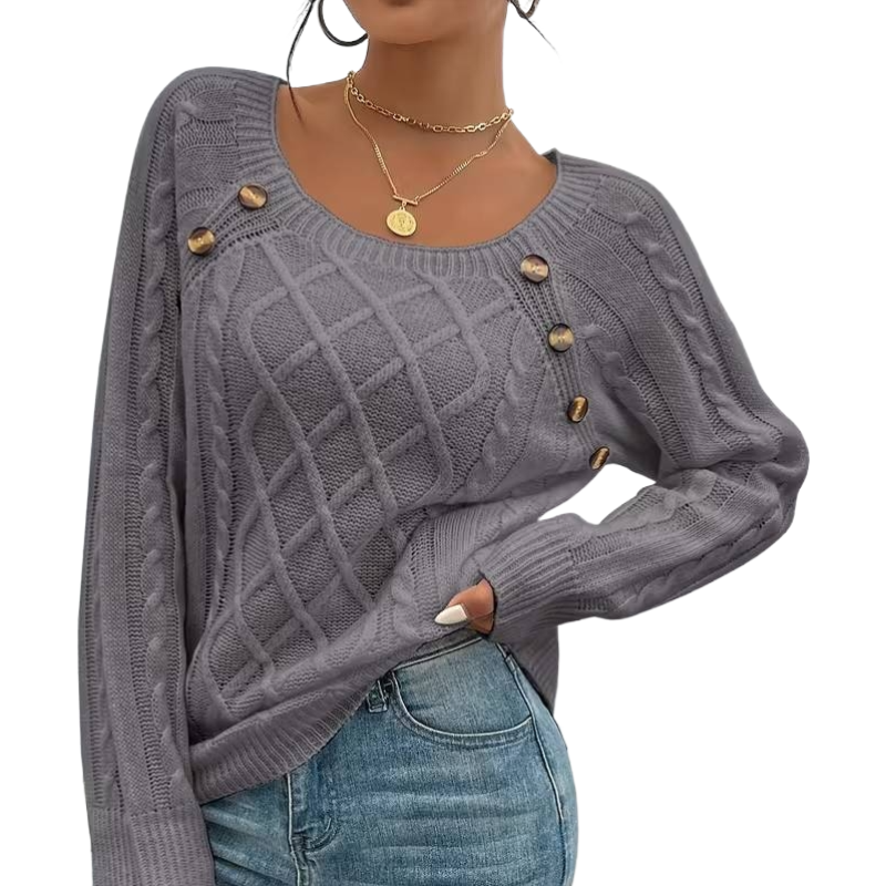 The Cozy Chic Cable Knit – Square Neck Lantern Sleeve Sweater (Rich Texture & Button Detail)