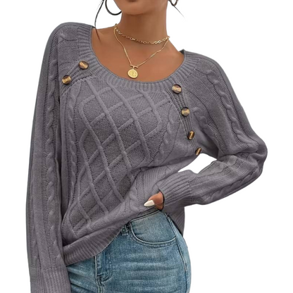 The Cozy Chic Cable Knit – Square Neck Lantern Sleeve Sweater (Rich Texture & Button Detail)