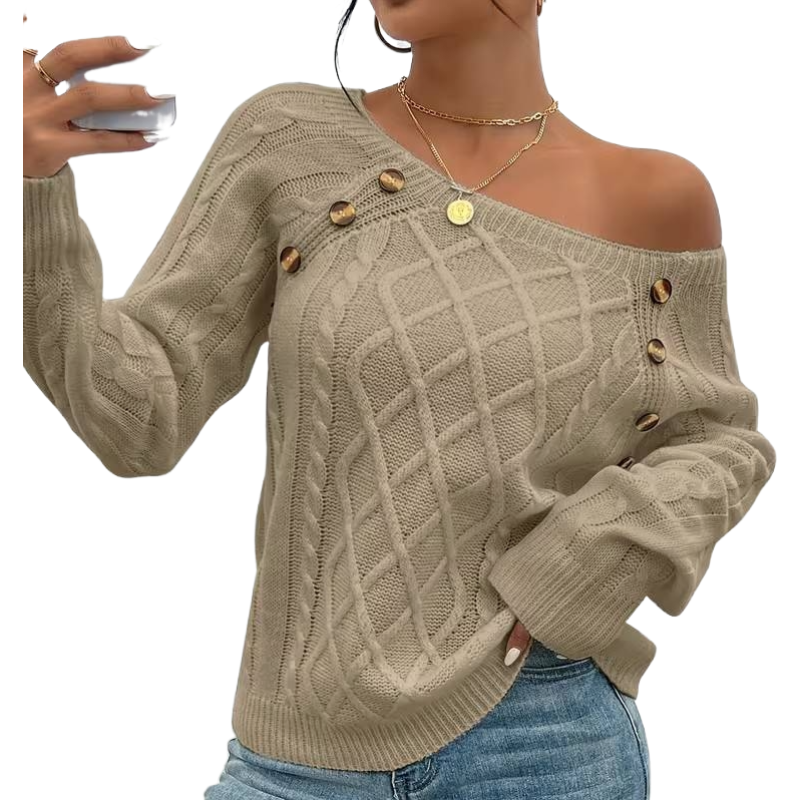 The Cozy Chic Cable Knit – Square Neck Lantern Sleeve Sweater (Rich Texture & Button Detail)