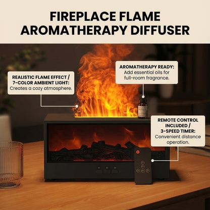 Electric Fireplace Flame Diffuser & Humidifier - Realistic Mist Fire with Remote Control & 7-Color Atmosphere Light (Aromatherapy Ready)