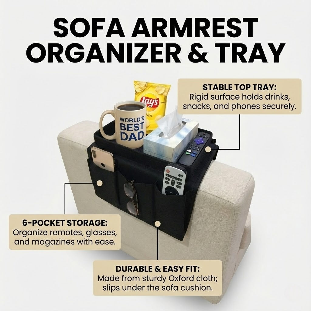 Sofa Armrest Organizer with Cup Holder Tray - Couch Caddy with 3 Remote Pockets & Large Tablet Holder (Durable Oxford Cloth)