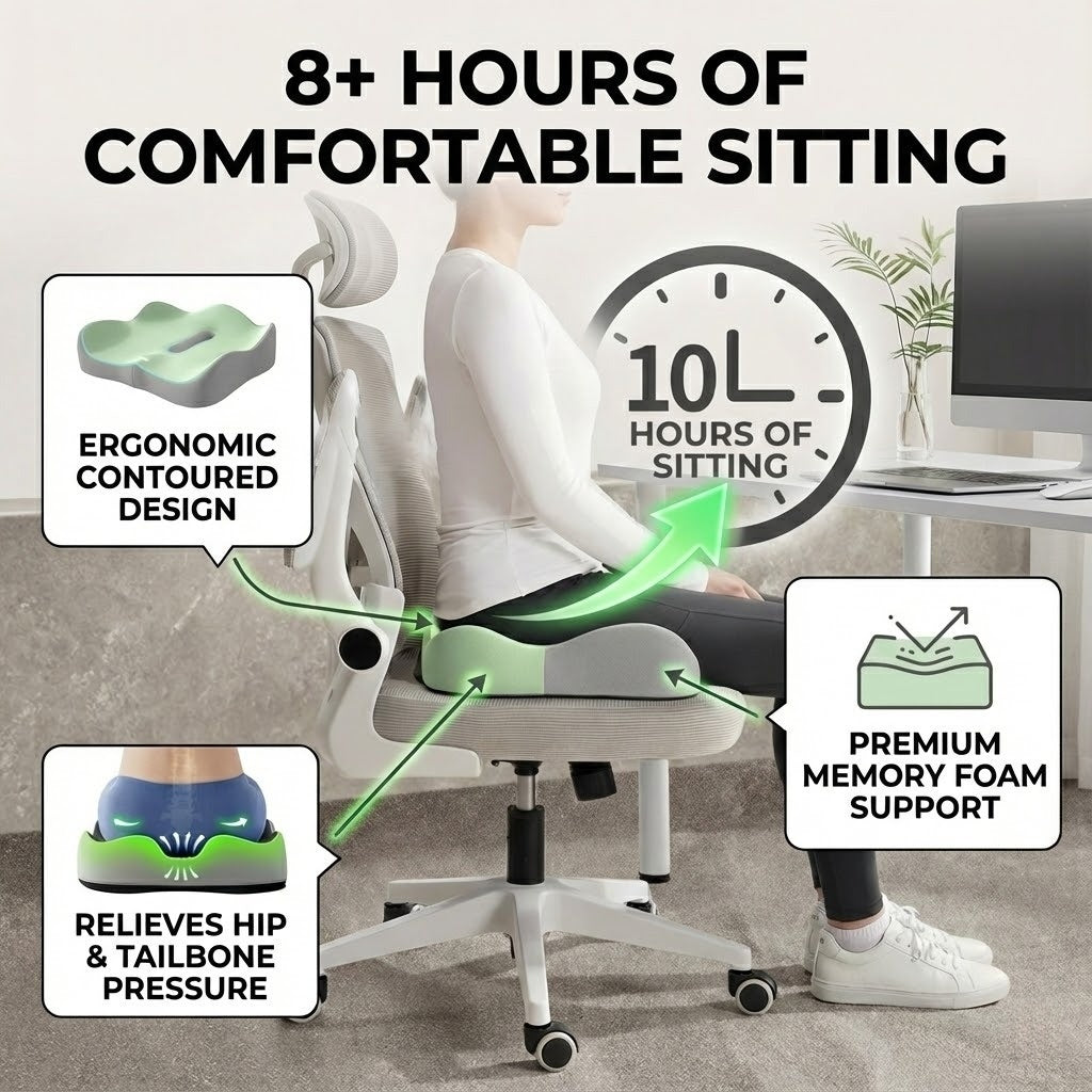 Orthopedic Memory Foam Seat Cushion - Ergonomic Butt Pillow for Sciatica, Tailbone Pain & Posture Correction (Office & Car)