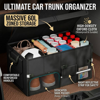 Collapsible Car Trunk Organizer with Lid – 60L Large Capacity Storage Box with Shoe Pocket (Waterproof Oxford Cloth)