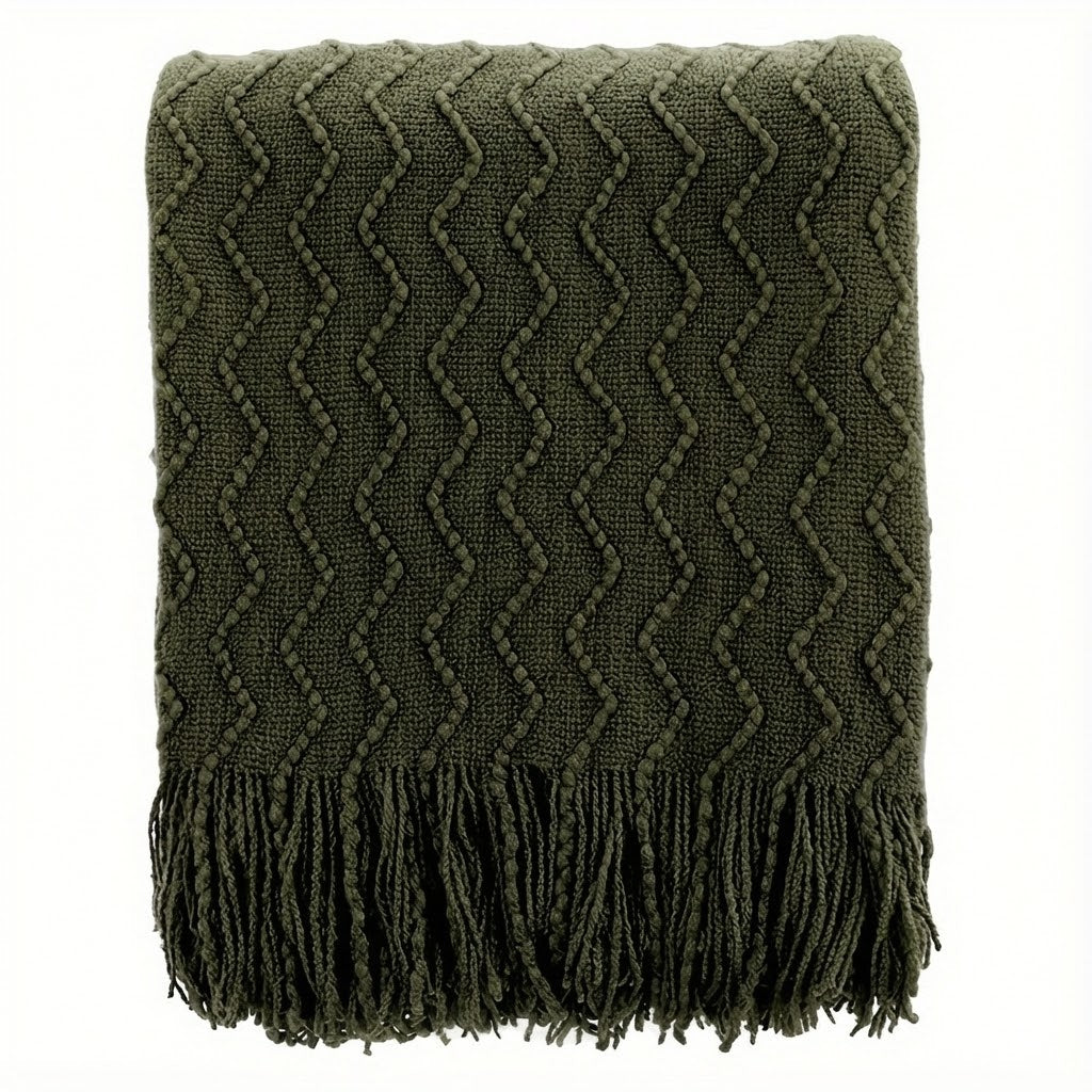 Luxury Wavy Knit Throw Blanket with Tassels - Soft Textured Boho Sofa Cover & Bed Runner (Brown, Green, Black)