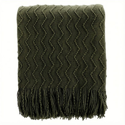 Luxury Wavy Knit Throw Blanket with Tassels - Soft Textured Boho Sofa Cover & Bed Runner (Brown, Green, Black)