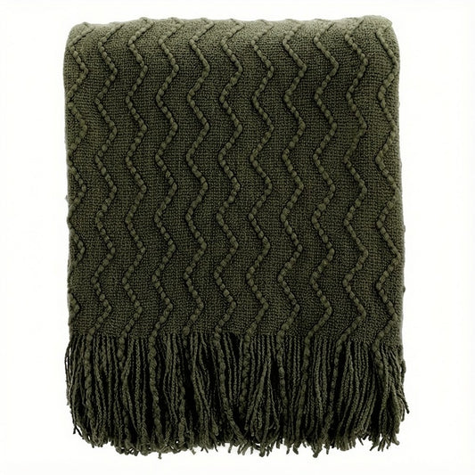 Luxury Wavy Knit Throw Blanket with Tassels - Soft Textured Boho Sofa Cover & Bed Runner (Brown, Green, Black)