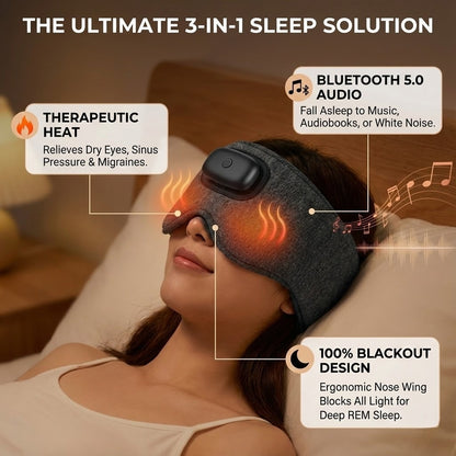 3-in-1 Heated Sleep Mask with Bluetooth Headphones - Wireless Blackout Eye Pad for Migraines, Dry Eyes & Insomnia (3 Heat Levels)