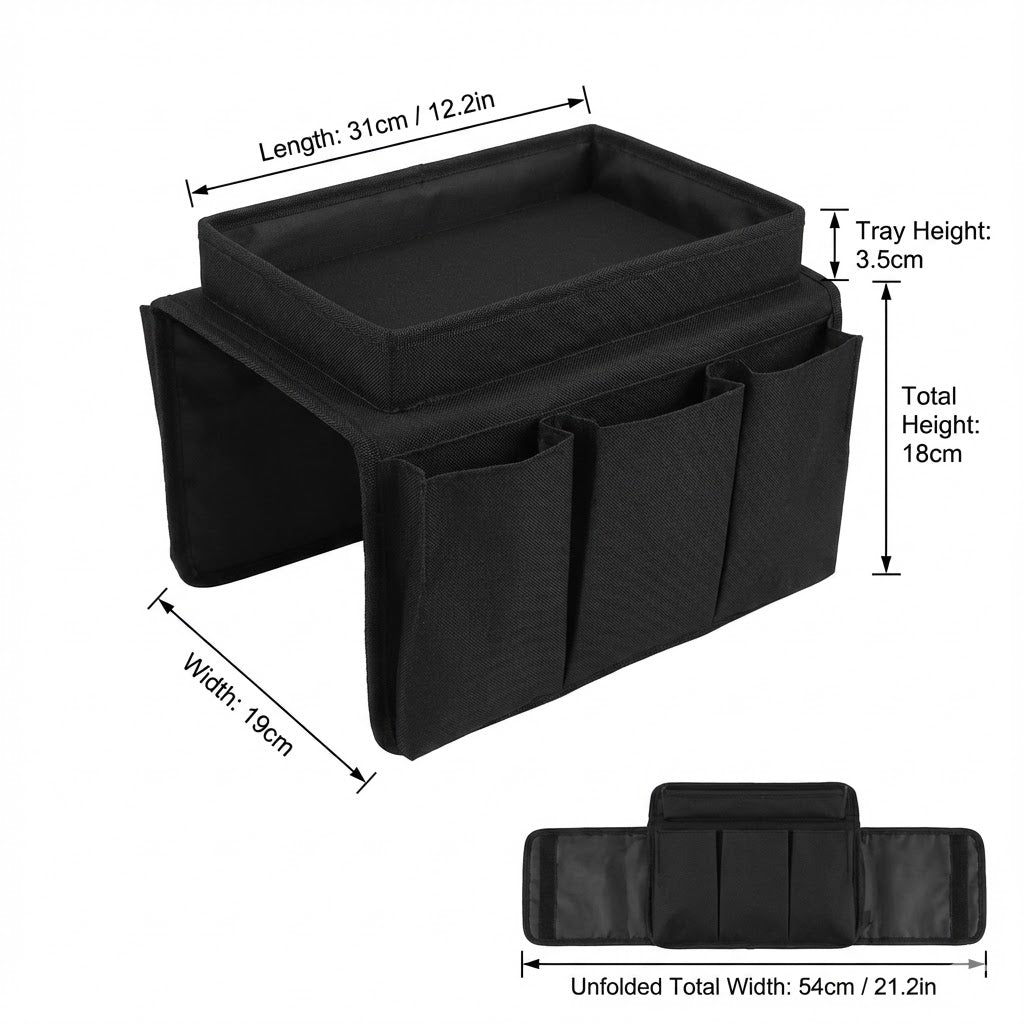 Sofa Armrest Organizer with Cup Holder Tray - Couch Caddy with 3 Remote Pockets & Large Tablet Holder (Durable Oxford Cloth)