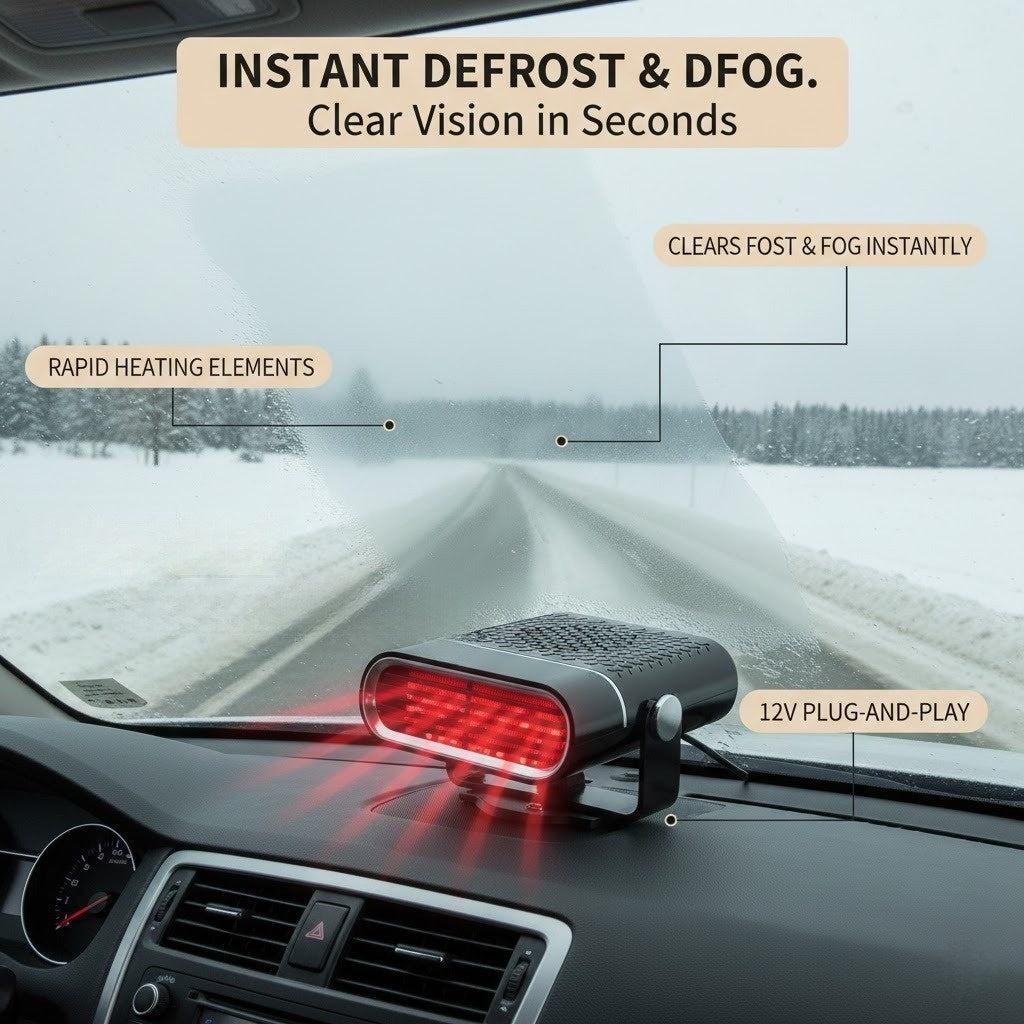 2-in-1 Portable Car Heater & Defroster - 12V Fast Heating Windshield Defogger - 360° Rotating Dashboard Fan (Heat & Cool)