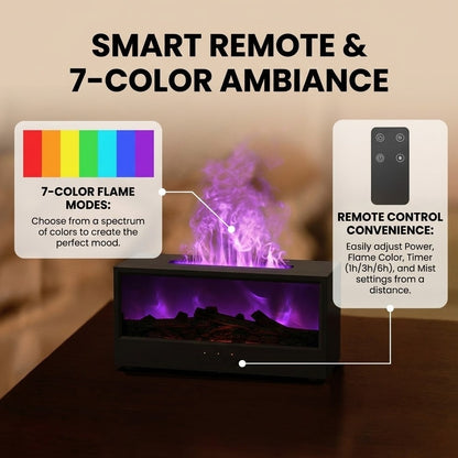 Electric Fireplace Flame Diffuser & Humidifier - Realistic Mist Fire with Remote Control & 7-Color Atmosphere Light (Aromatherapy Ready)