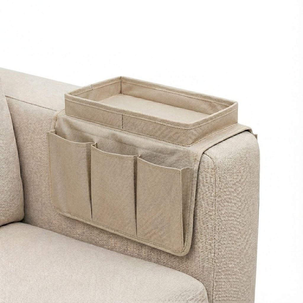 Sofa Armrest Organizer with Cup Holder Tray - Couch Caddy with 3 Remote Pockets & Large Tablet Holder (Durable Oxford Cloth)