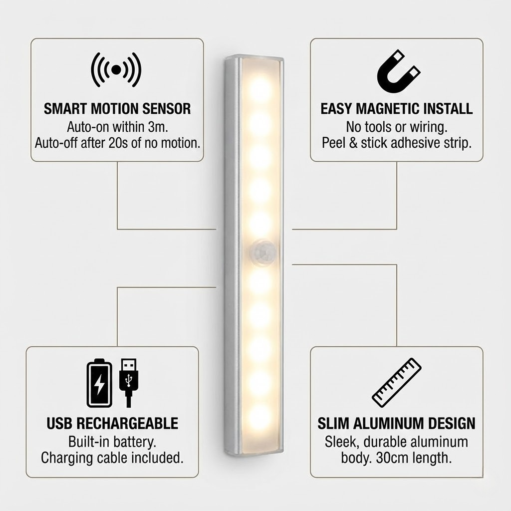 Wireless Motion Sensor LED Cabinet Light - Magnetic USB Rechargeable Night Light for Wardrobe, Kitchen & Hallway (10 LED)